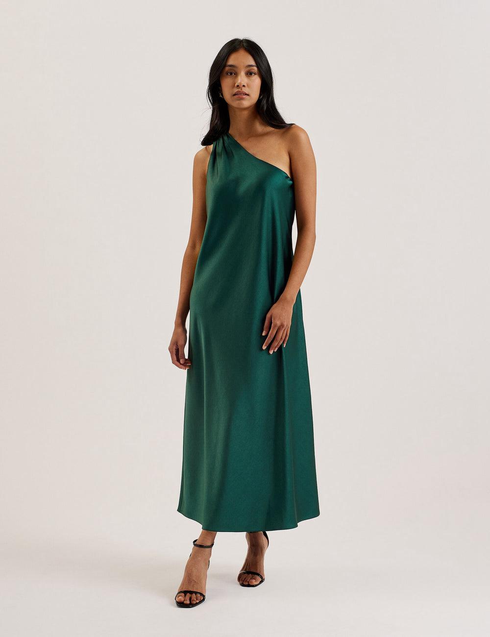 Women Ted Baker MELGAR - Satin One Shoulder Midi Dresses Dk-Green | NGKO07953