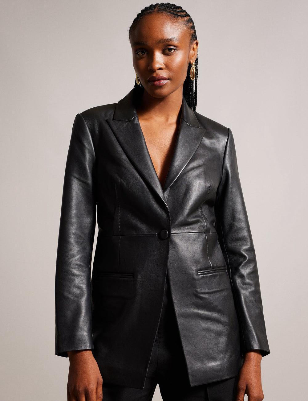 Women Ted Baker MELLIIE - Longline Single Breasted Leather Blazers Black | SFMW96734