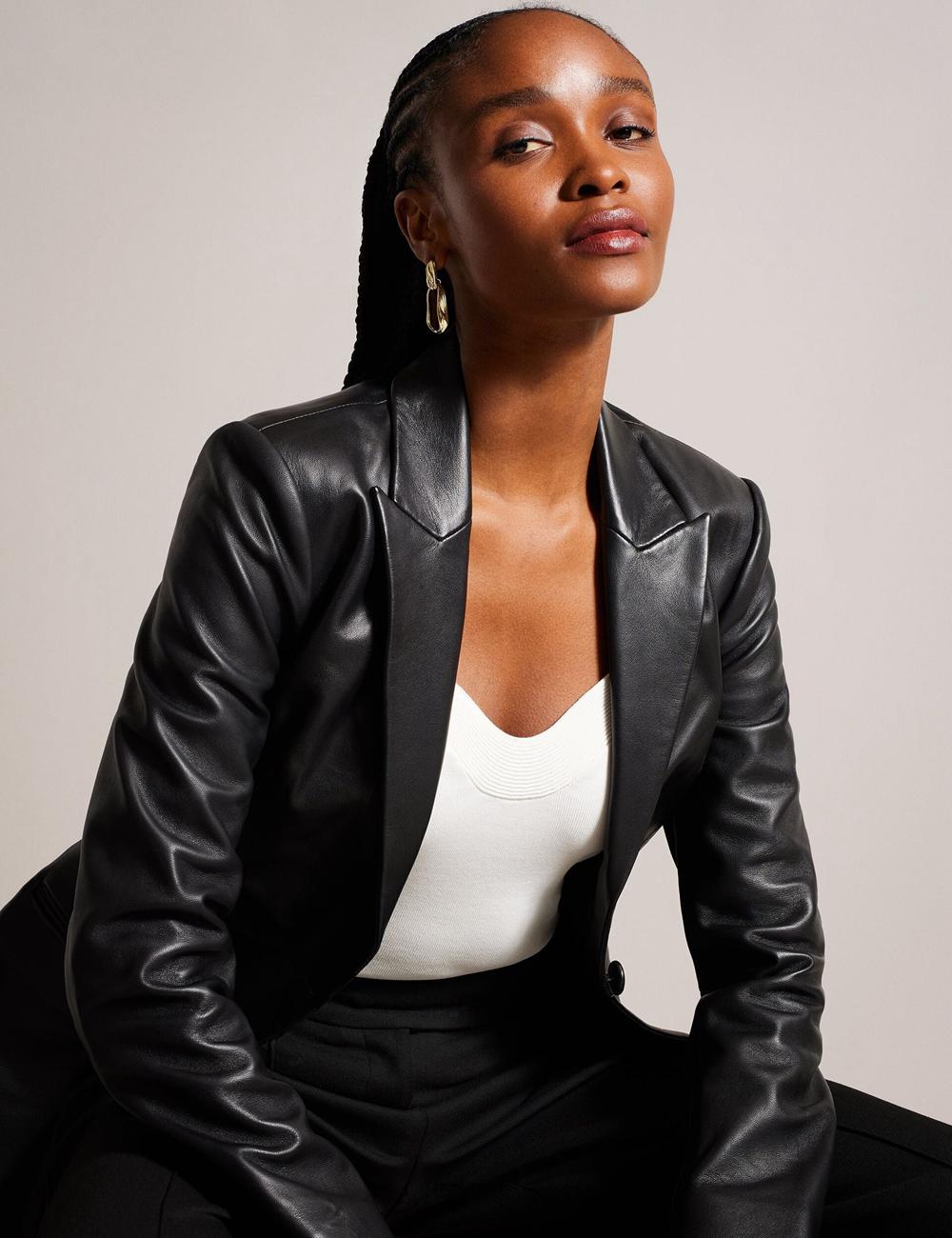 Women Ted Baker MELLIIE - Longline Single Breasted Leather Blazers Black | SFMW96734