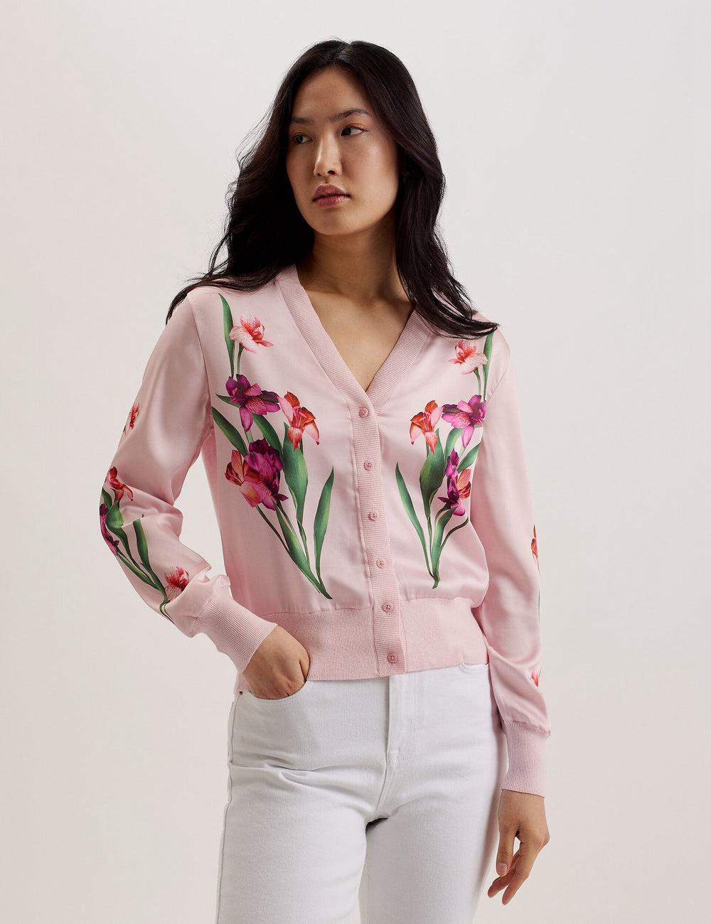 Women Ted Baker MERALLL - Floral Woven Front V-Neck Cardigans Pink | ZNGE57869