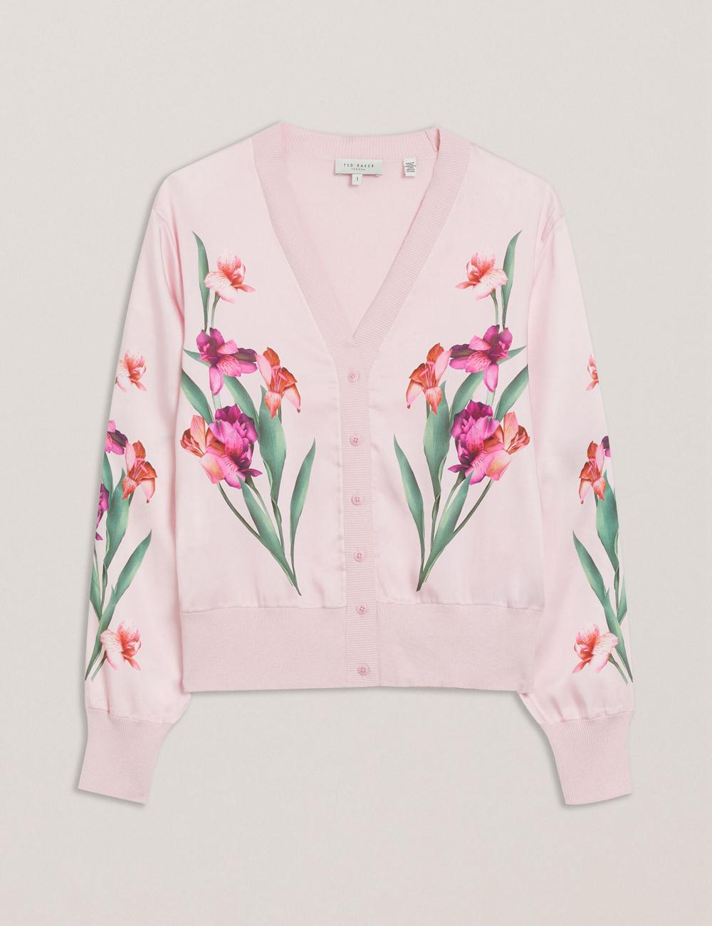 Women Ted Baker MERALLL - Floral Woven Front V-Neck Cardigans Pink | ZNGE57869
