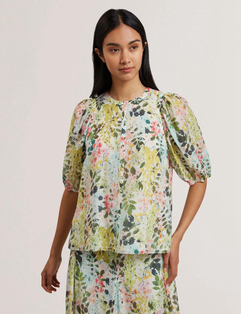 Women Ted Baker MICHA - Floral Binding Detail Puffed Sleeve Blouses Ivory | QTHW65918