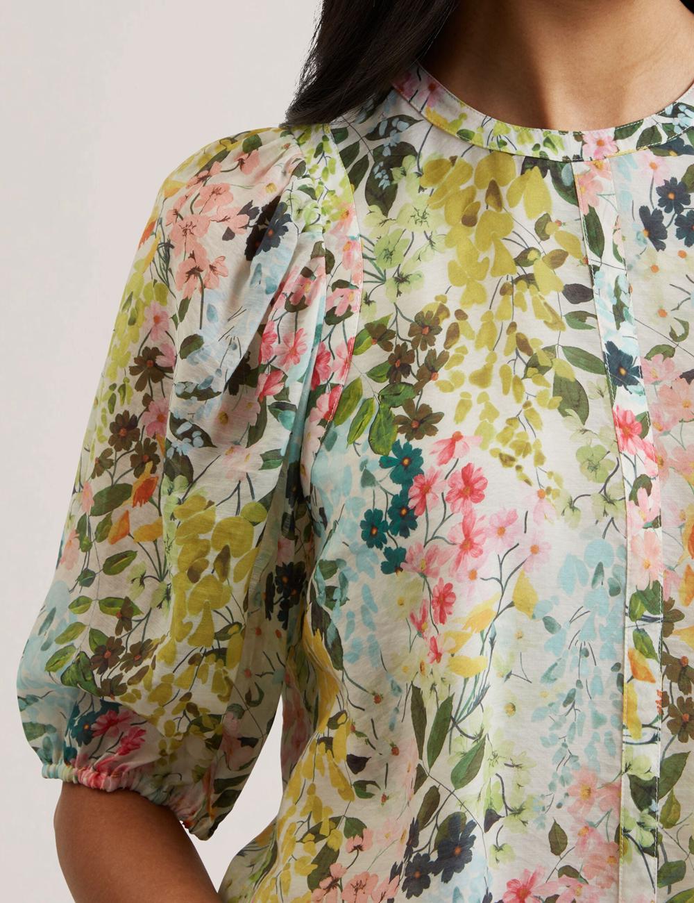 Women Ted Baker MICHA - Floral Binding Detail Puffed Sleeve Blouses Ivory | QTHW65918