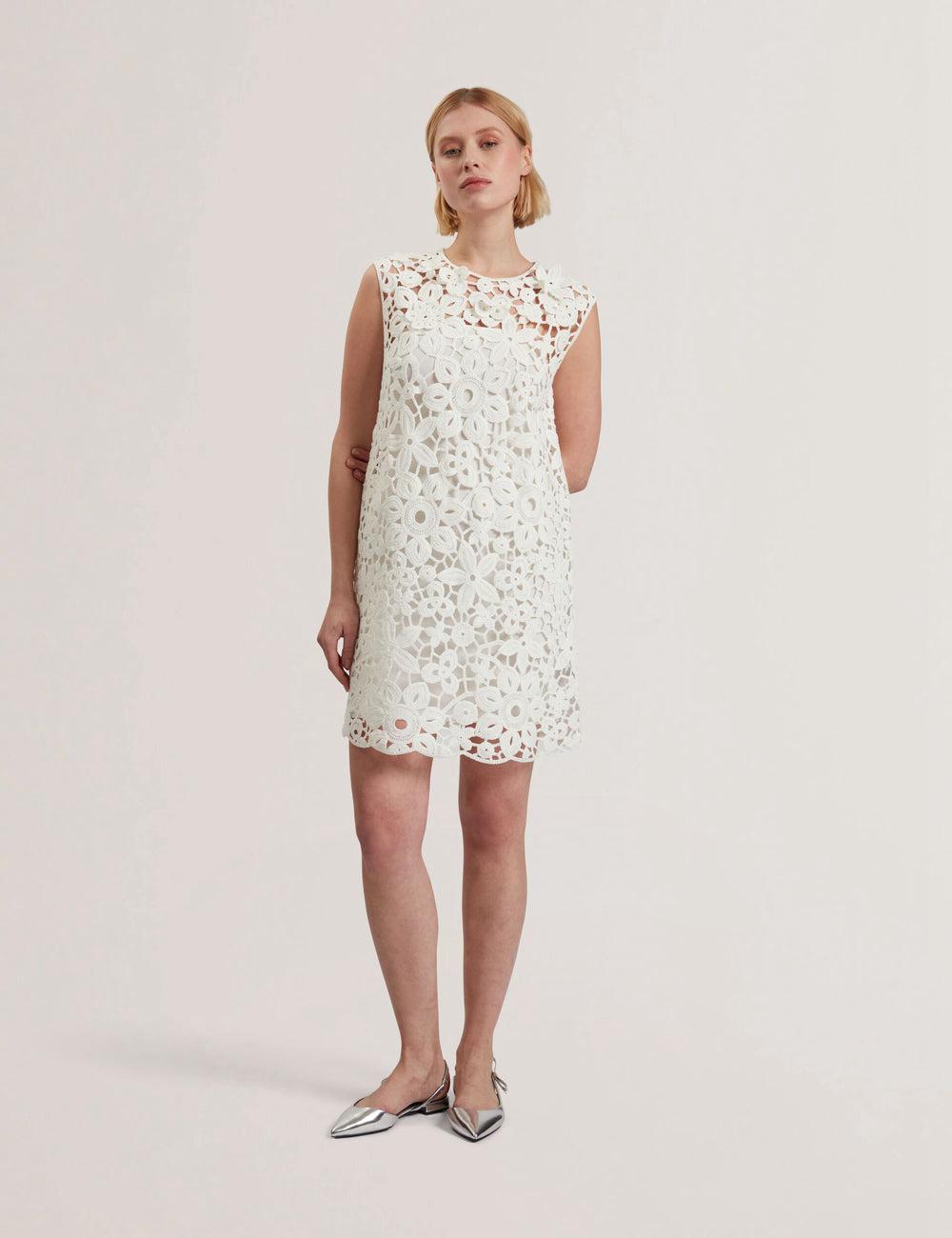 Women Ted Baker MIIKKA - Crochet Sleeveless Shift Mini Dresses White | BRNY06198