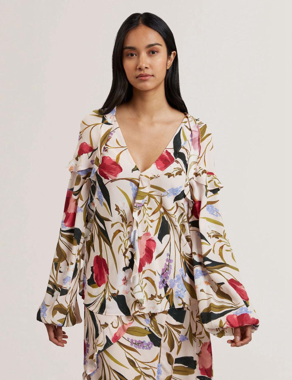 Women Ted Baker MINASA - Floral Print Frill Trim Long Sleeve Blouses Pink | QDCN51832