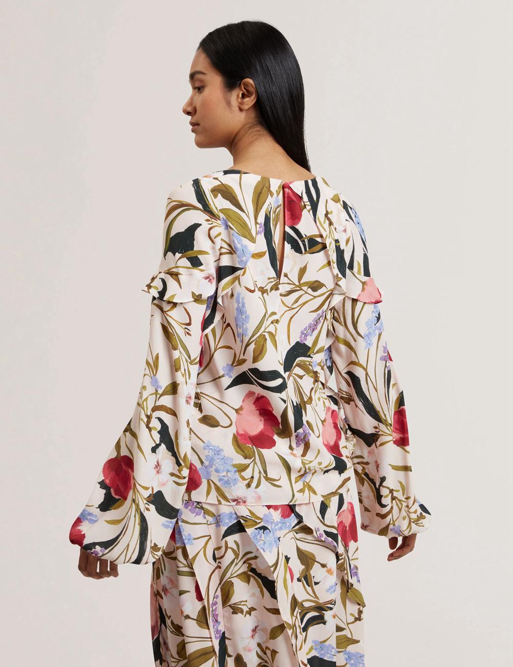 Women Ted Baker MINASA - Floral Print Frill Trim Long Sleeve Blouses Pink | QDCN51832
