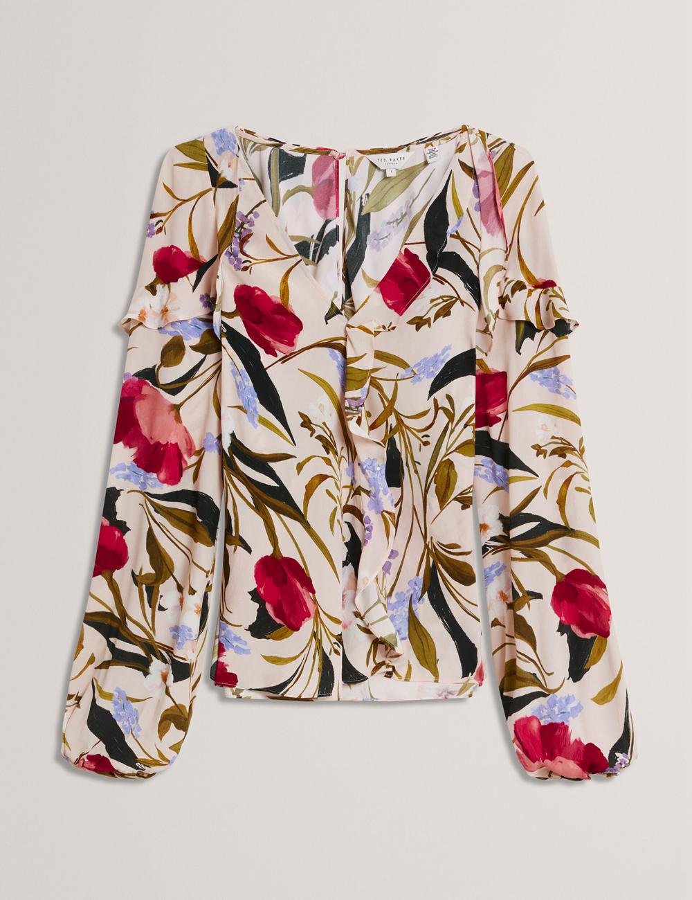 Women Ted Baker MINASA - Floral Print Frill Trim Long Sleeve Blouses Pink | QDCN51832