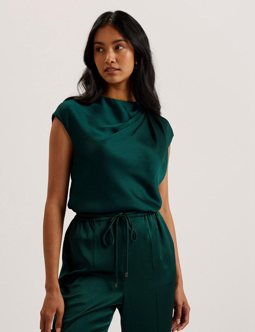 Women Ted Baker MISRINA - Drape Neck Detail Satin Top Jumpers Dk-Green | CQML06149