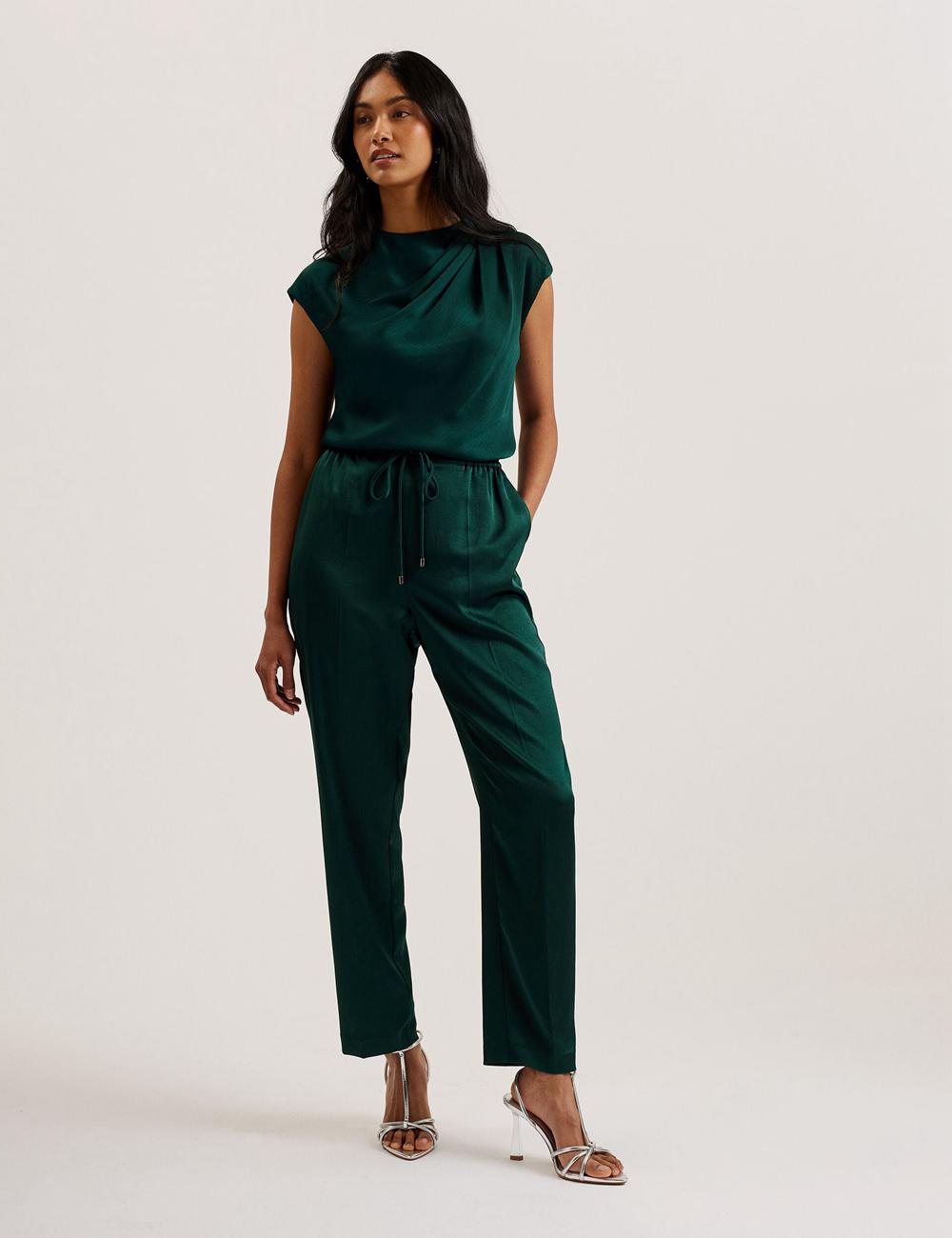Women Ted Baker MISRINA - Drape Neck Detail Satin Top Jumpers Dk-Green | CQML06149