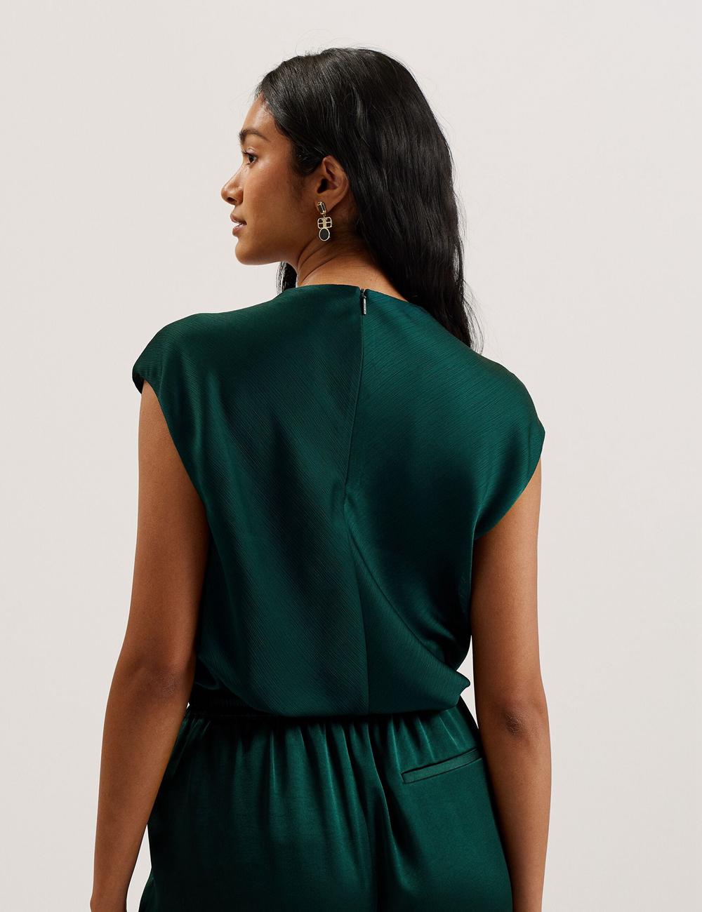 Women Ted Baker MISRINA - Drape Neck Detail Satin Top Jumpers Dk-Green | CQML06149
