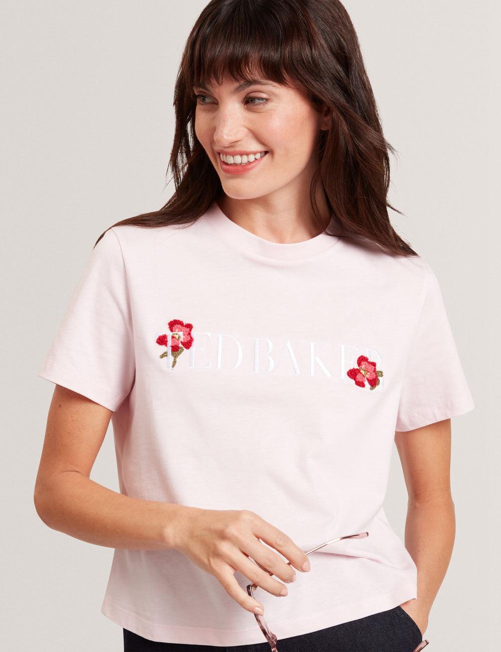 Women Ted Baker MOLII - Embroidered Logo Cropped Cotton T-Shirts Pink | WDZR07518