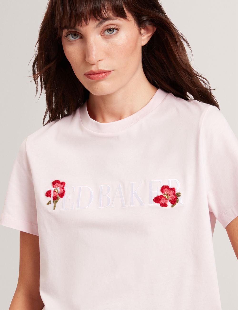Women Ted Baker MOLII - Embroidered Logo Cropped Cotton T-Shirts Pink | WDZR07518