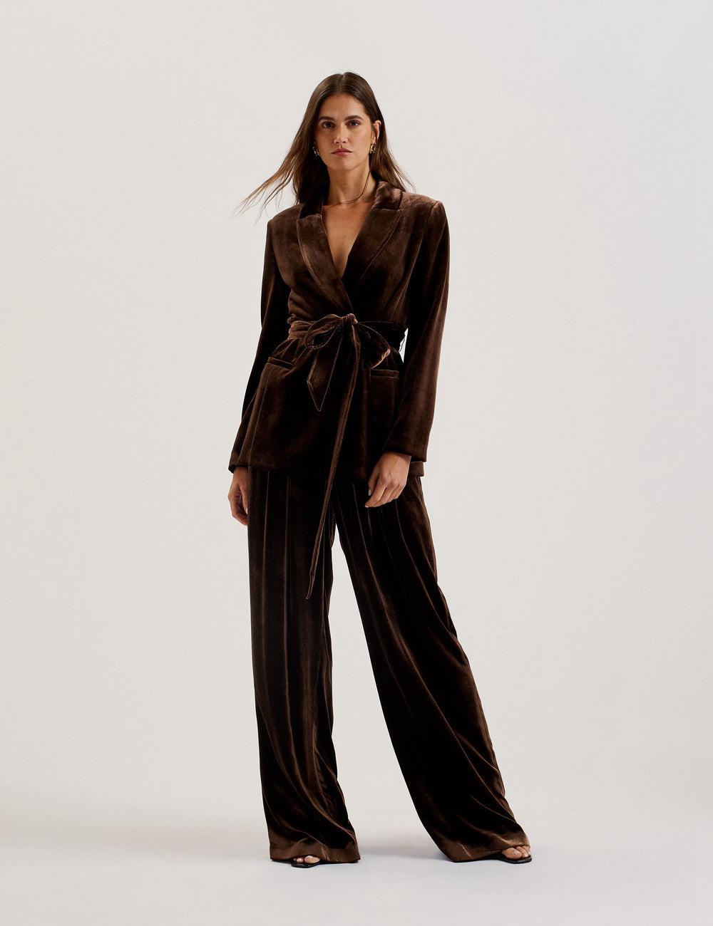 Women Ted Baker MOMIJIT - Velvet Pleated Wide Leg Trousers Brown | XHNR63278