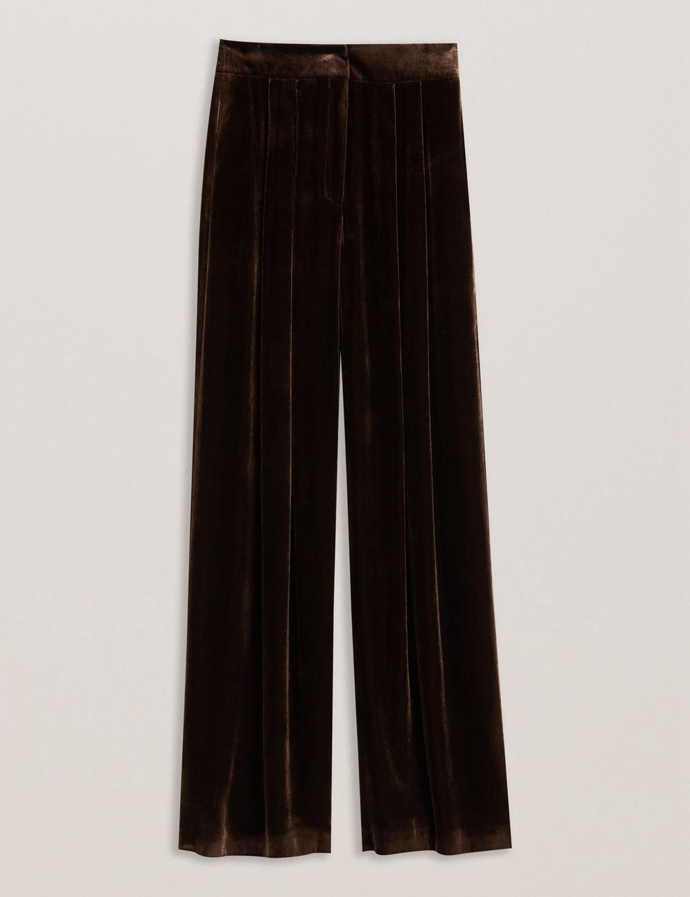 Women Ted Baker MOMIJIT - Velvet Pleated Wide Leg Trousers Brown | XHNR63278