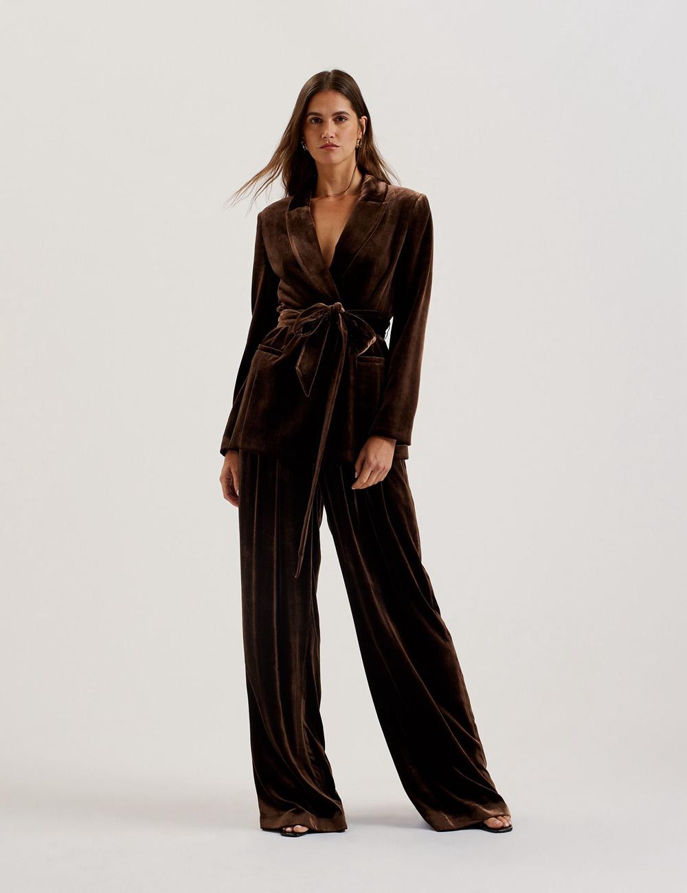 Women Ted Baker MOMIJIT - Velvet Pleated Wide Leg Trousers Brown | XHNR63278
