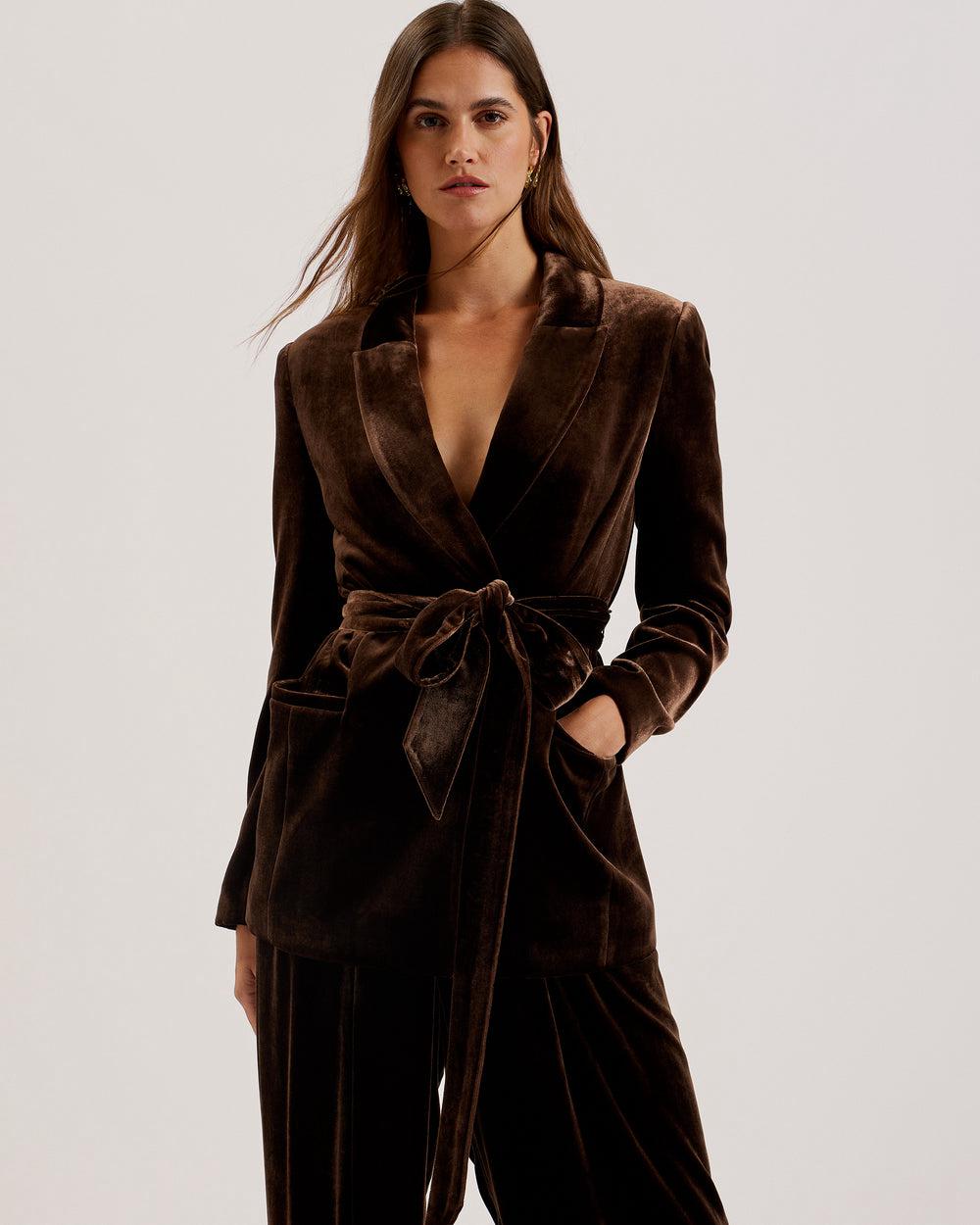 Women Ted Baker MOMIJI - Velvet Waist Single Breasted Blazers Brown | AGLD98612