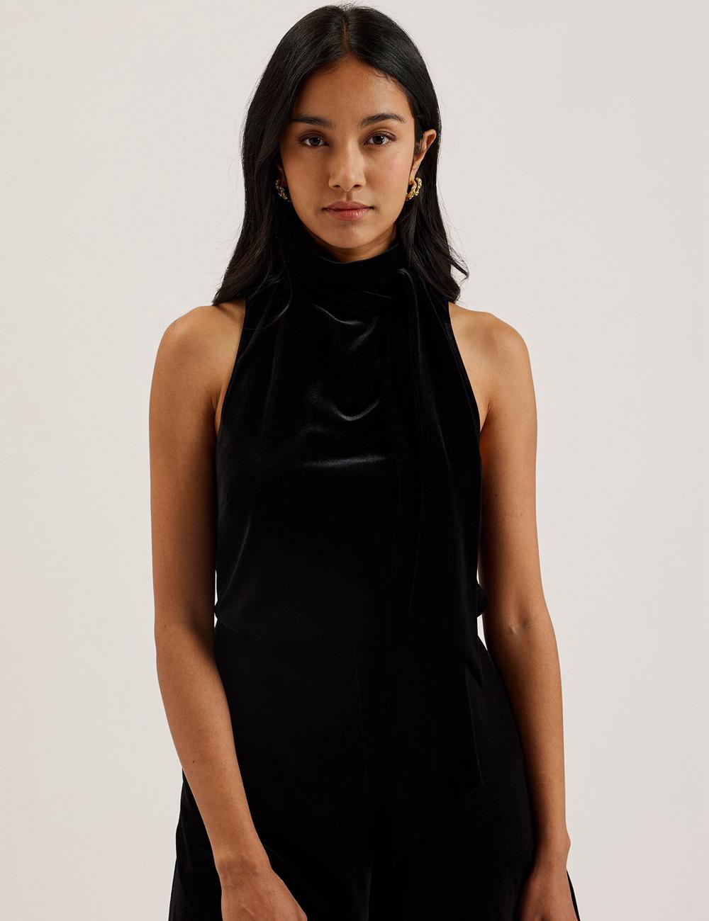 Women Ted Baker NALIAS - Velvet High Cowl Neck Sleeveless Tank Tops Black | CBKP61328