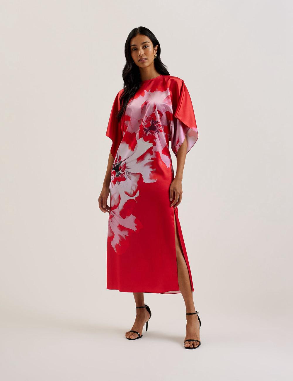 Women Ted Baker NASINU - Printed Satin Batwing Sleeve Midi Dresses Red | IRMK84791