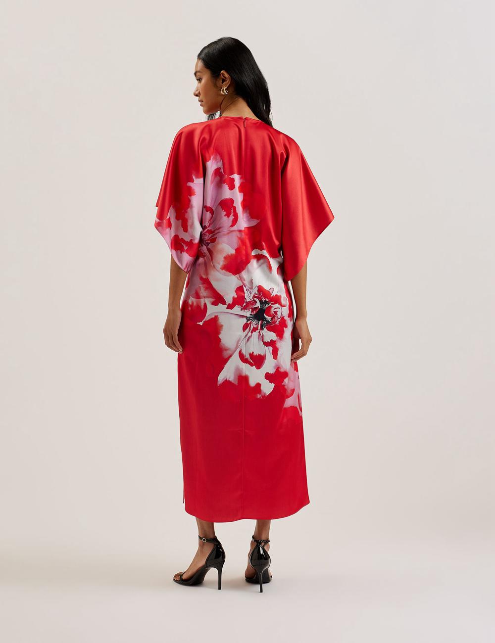 Women Ted Baker NASINU - Printed Satin Batwing Sleeve Midi Dresses Red | IRMK84791