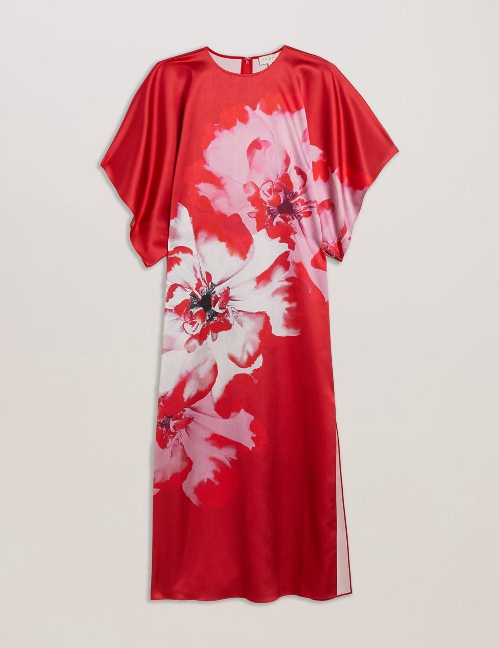 Women Ted Baker NASINU - Printed Satin Batwing Sleeve Midi Dresses Red | IRMK84791
