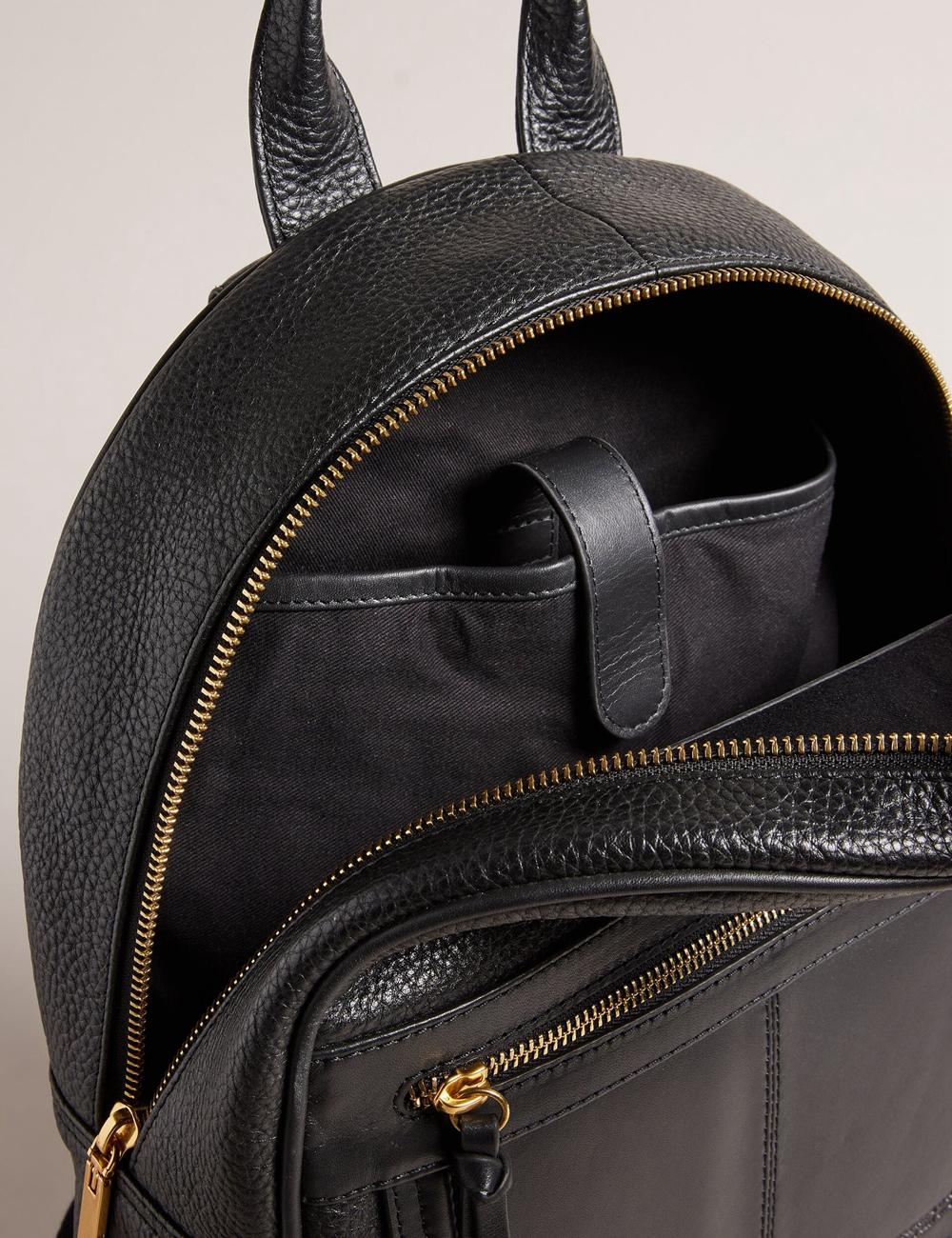 Women Ted Baker NISHAY - Leather Zip Pocket Laptop Backpacks Black | DSQJ90431