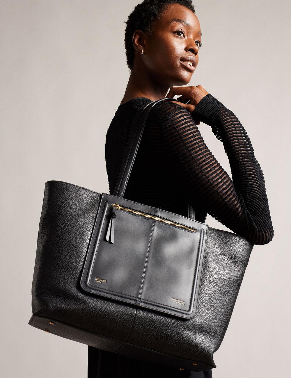 Women Ted Baker NISH - Wide Leather Shopper With Zip Pocket Shopper Bags Black | OUXY05189
