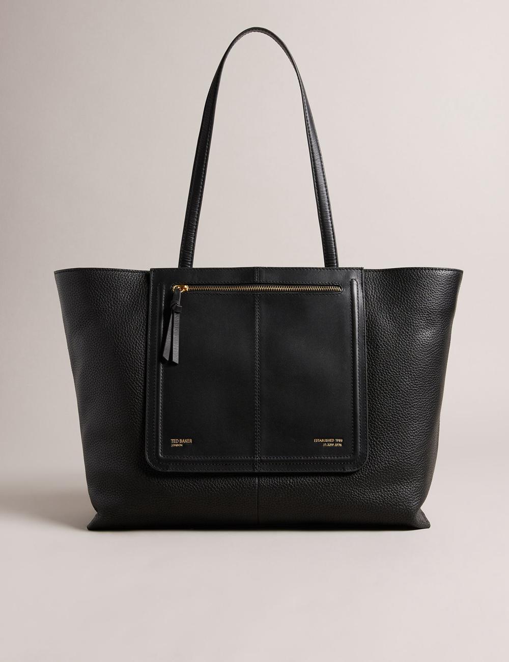 Women Ted Baker NISH - Wide Leather Shopper With Zip Pocket Shopper Bags Black | OUXY05189
