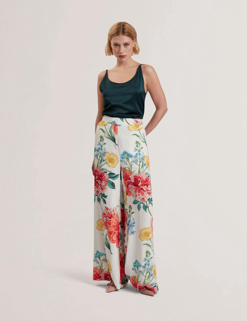Women Ted Baker NYMPHAT - Floral Print High Waisted Wide Leg Trousers White | JHNG06713