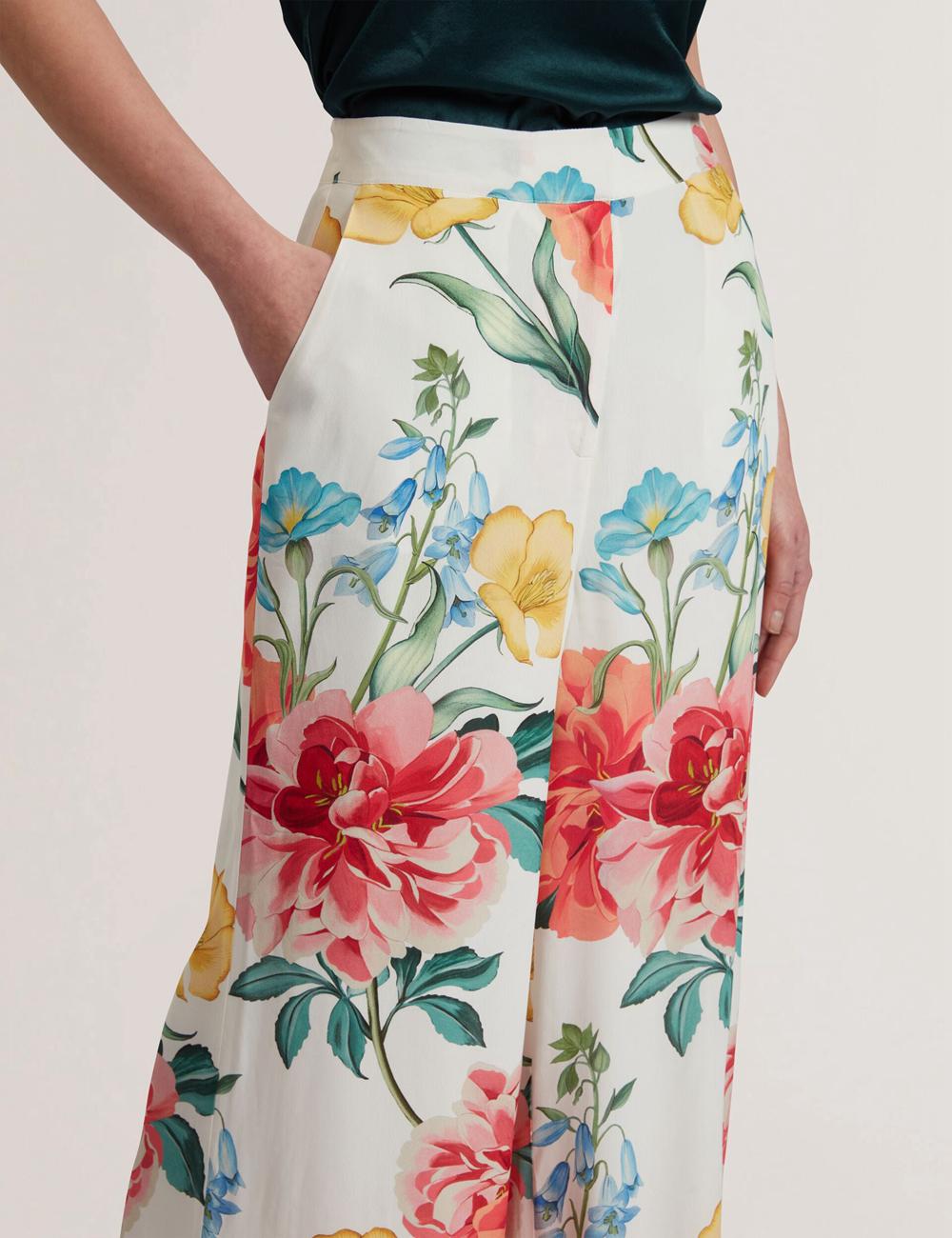 Women Ted Baker NYMPHAT - Floral Print High Waisted Wide Leg Trousers White | JHNG06713