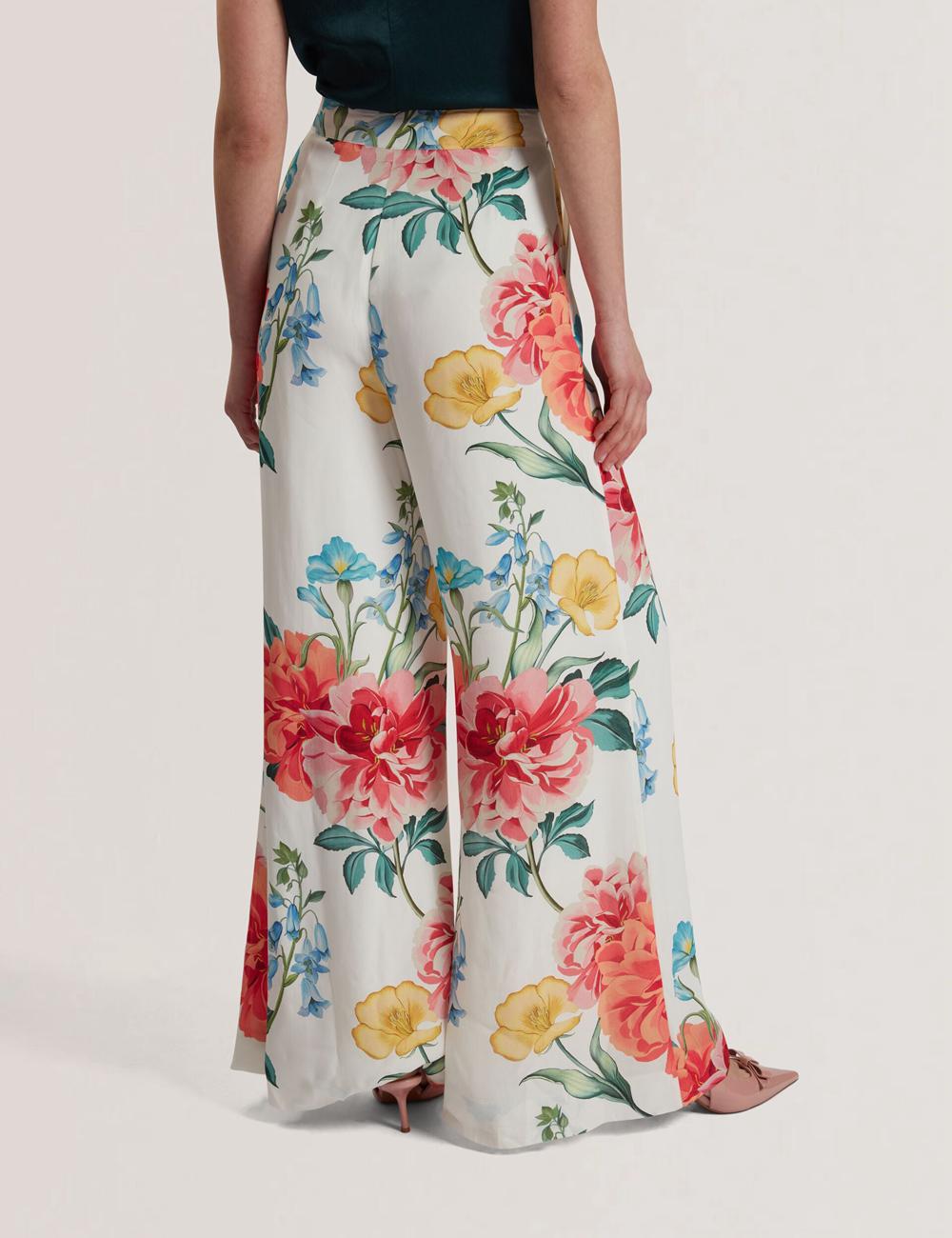 Women Ted Baker NYMPHAT - Floral Print High Waisted Wide Leg Trousers White | JHNG06713