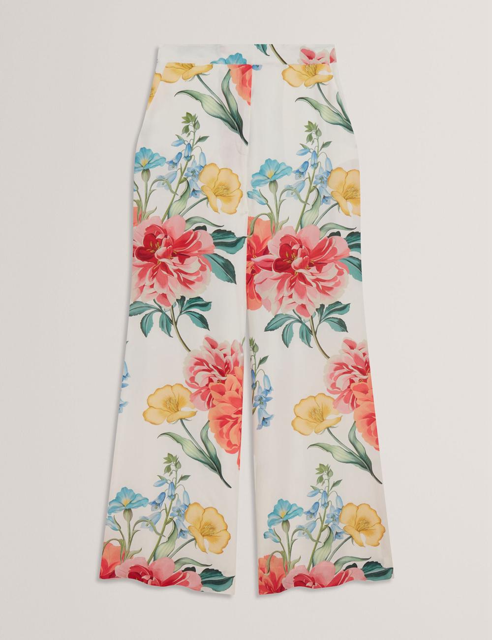 Women Ted Baker NYMPHAT - Floral Print High Waisted Wide Leg Trousers White | JHNG06713