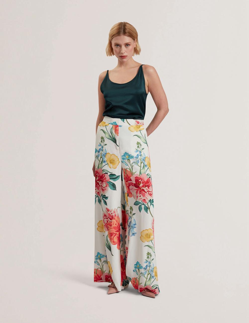 Women Ted Baker NYMPHAT - Floral Print High Waisted Wide Leg Trousers White | JHNG06713