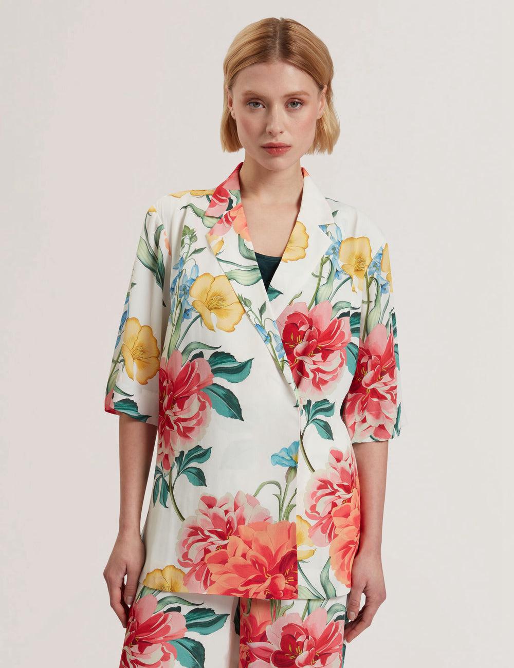 Women Ted Baker NYMPHA - Floral Short Sleeve Oversized Blazers White | DUPJ89453