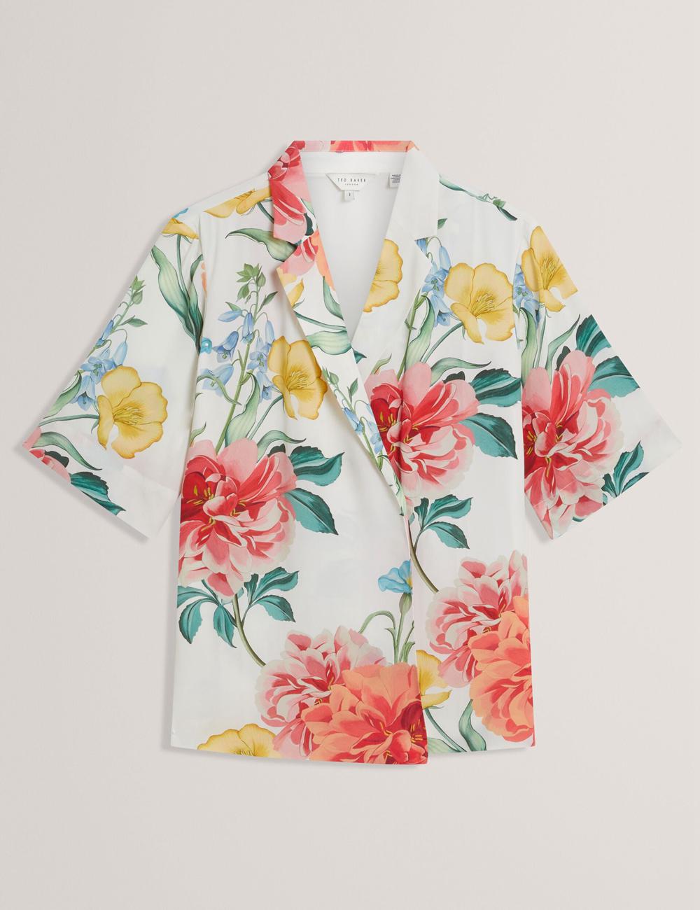 Women Ted Baker NYMPHA - Floral Short Sleeve Oversized Blazers White | DUPJ89453