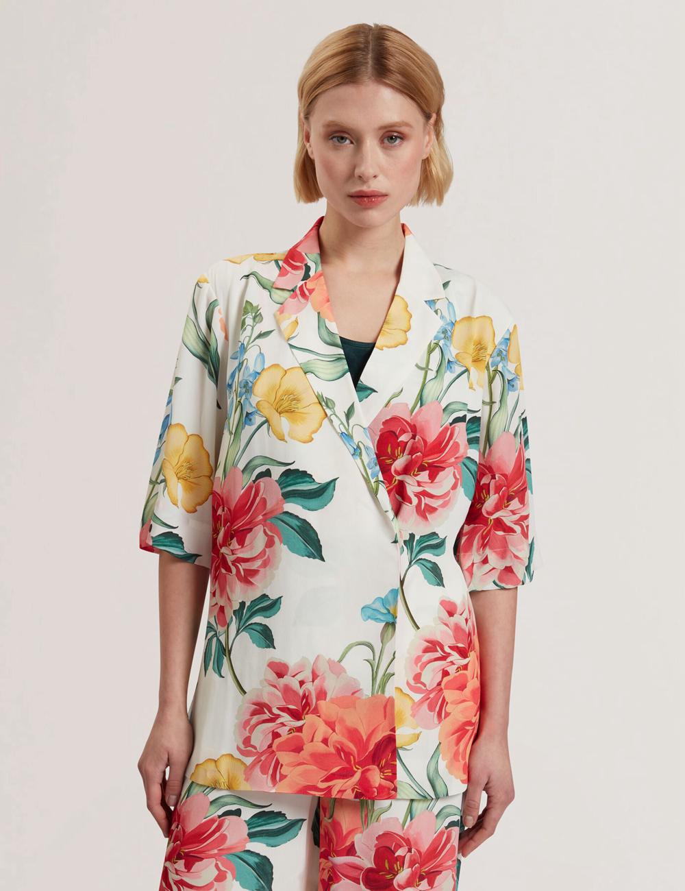 Women Ted Baker NYMPHA - Floral Short Sleeve Oversized Blazers White | DUPJ89453