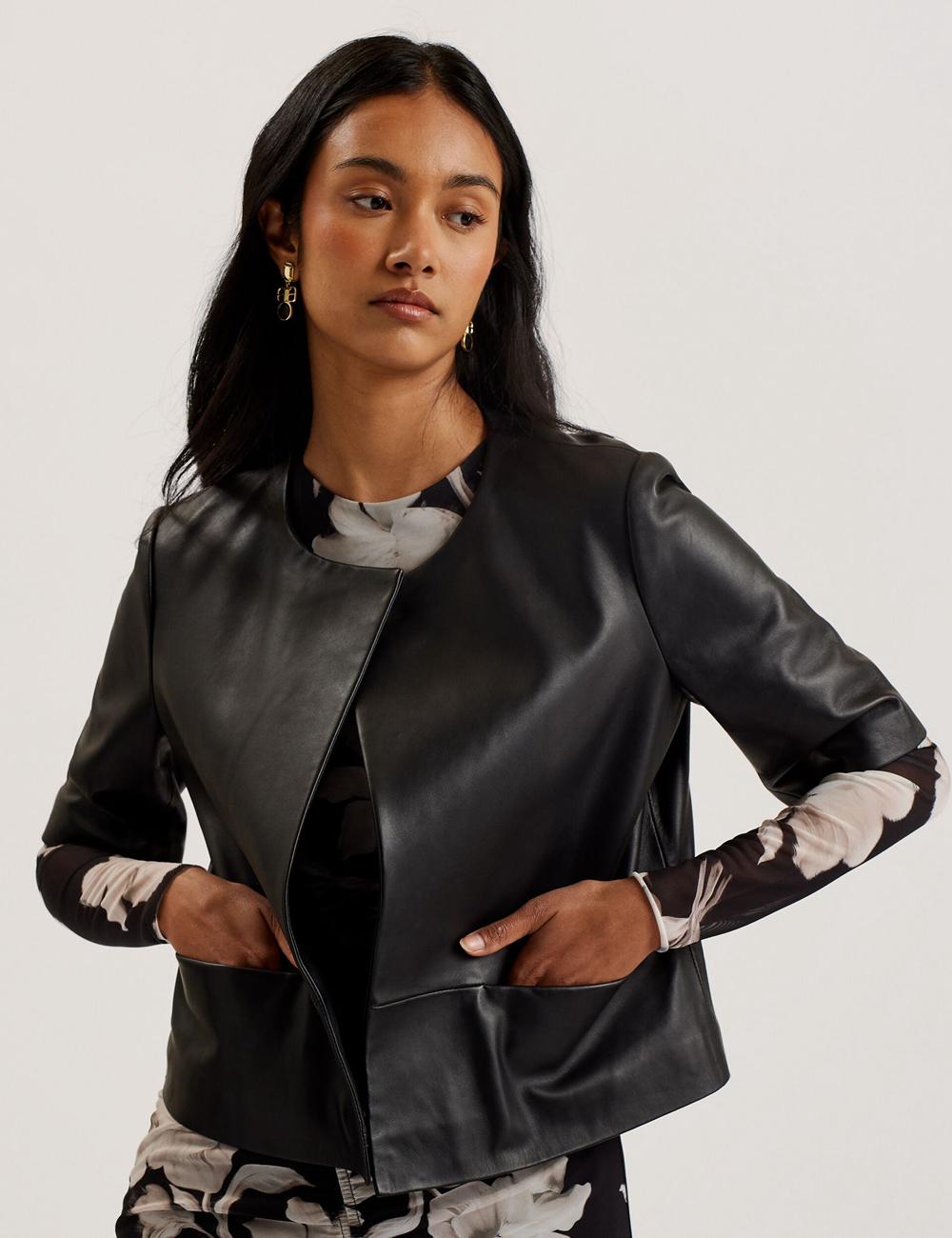 Women Ted Baker OBINO - Cropped Sleeve Open Leather Jackets Black | VXRD09847