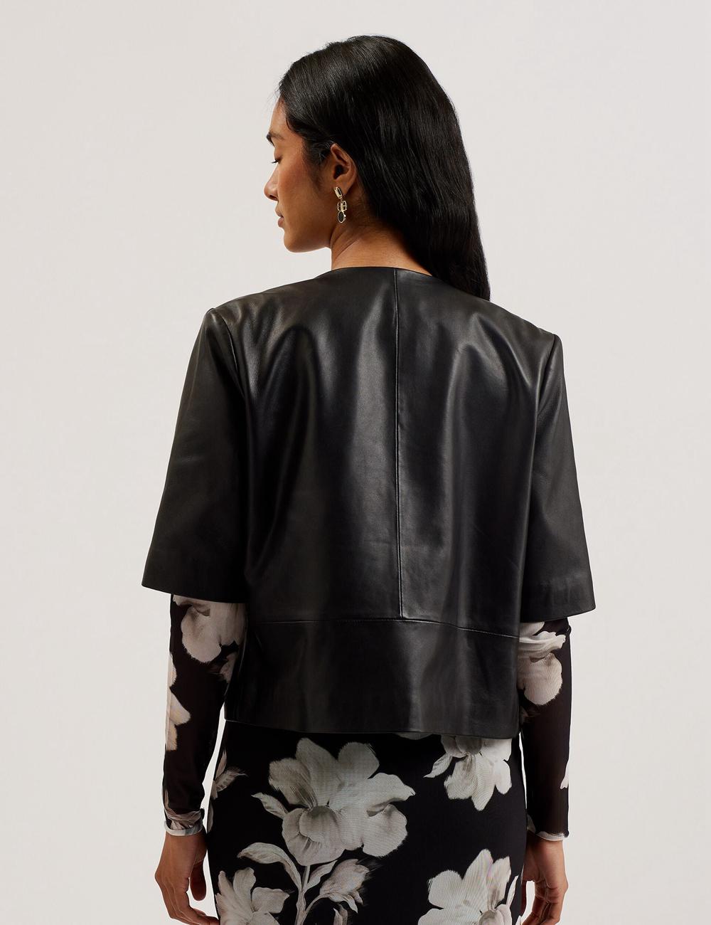 Women Ted Baker OBINO - Cropped Sleeve Open Leather Jackets Black | VXRD09847