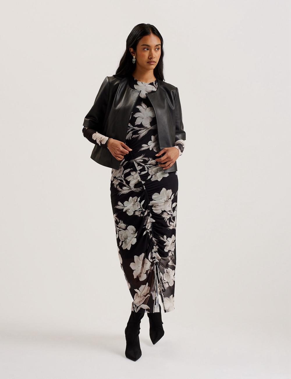 Women Ted Baker OBINO - Cropped Sleeve Open Leather Jackets Black | VXRD09847
