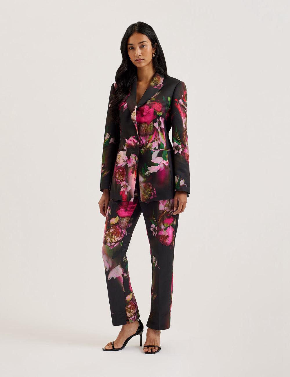 Women Ted Baker OKUNIT - Tapered Leg Floral Print Tailored Trousers Black | RHKQ08695