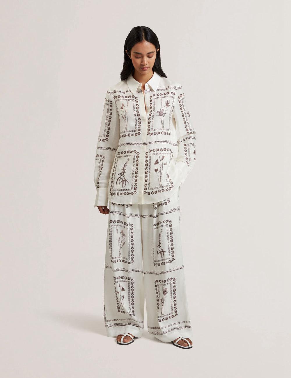 Women Ted Baker ORNITHA - Panel Print Silk Linen Wide Leg Trousers Ivory | HBVY08634