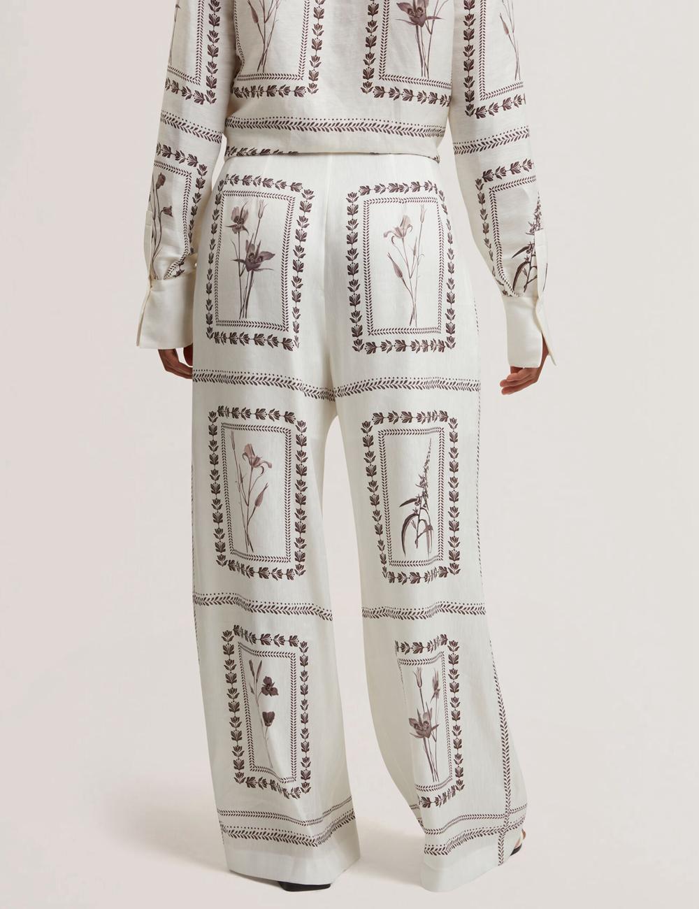 Women Ted Baker ORNITHA - Panel Print Silk Linen Wide Leg Trousers Ivory | HBVY08634