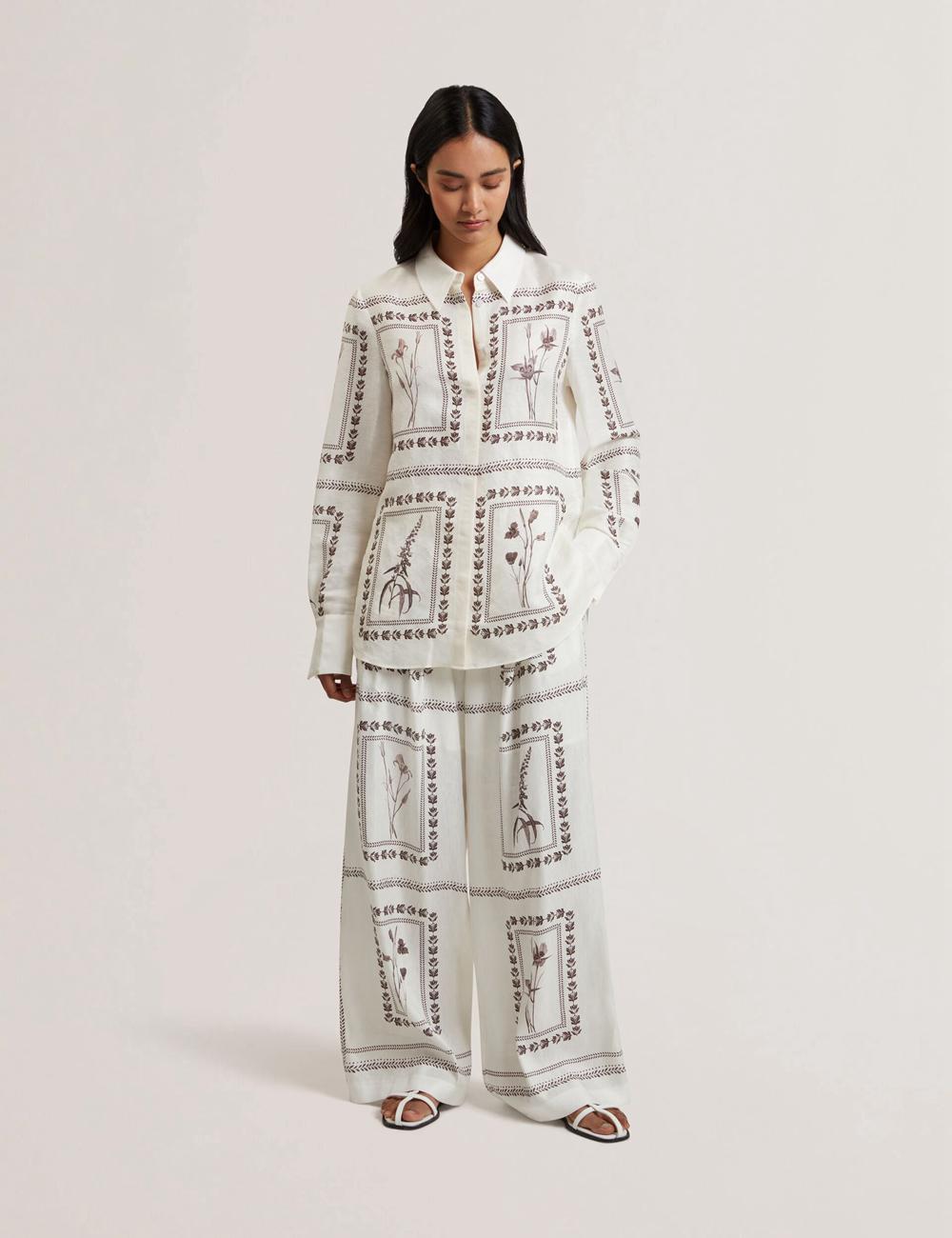 Women Ted Baker ORNITHA - Panel Print Silk Linen Wide Leg Trousers Ivory | HBVY08634