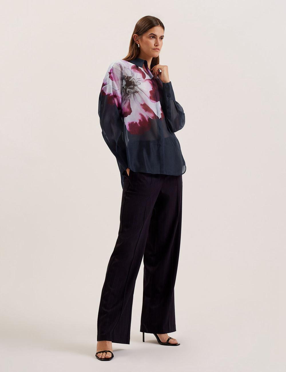 Women Ted Baker ORRIN - Floral Sheer Organza Oversized Casual Shirts Navy | XYEA41068