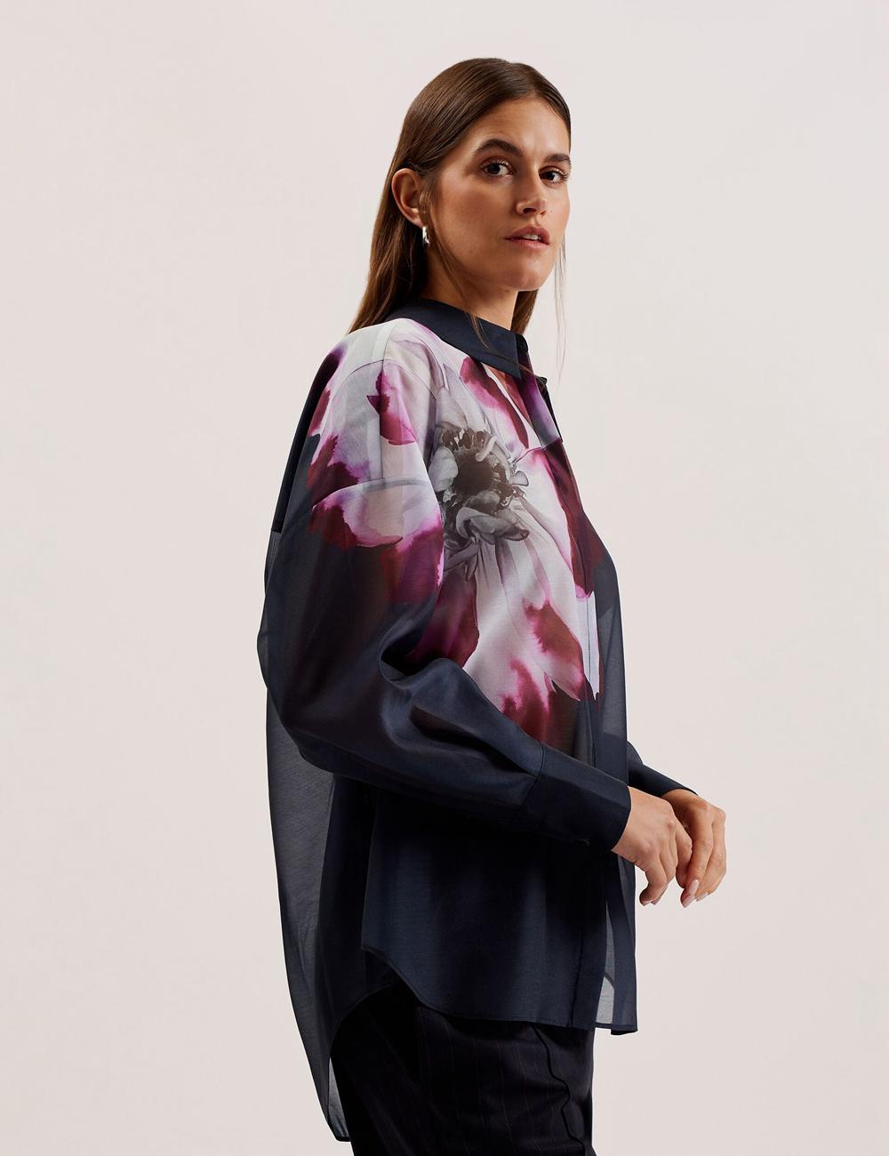 Women Ted Baker ORRIN - Floral Sheer Organza Oversized Casual Shirts Navy | XYEA41068
