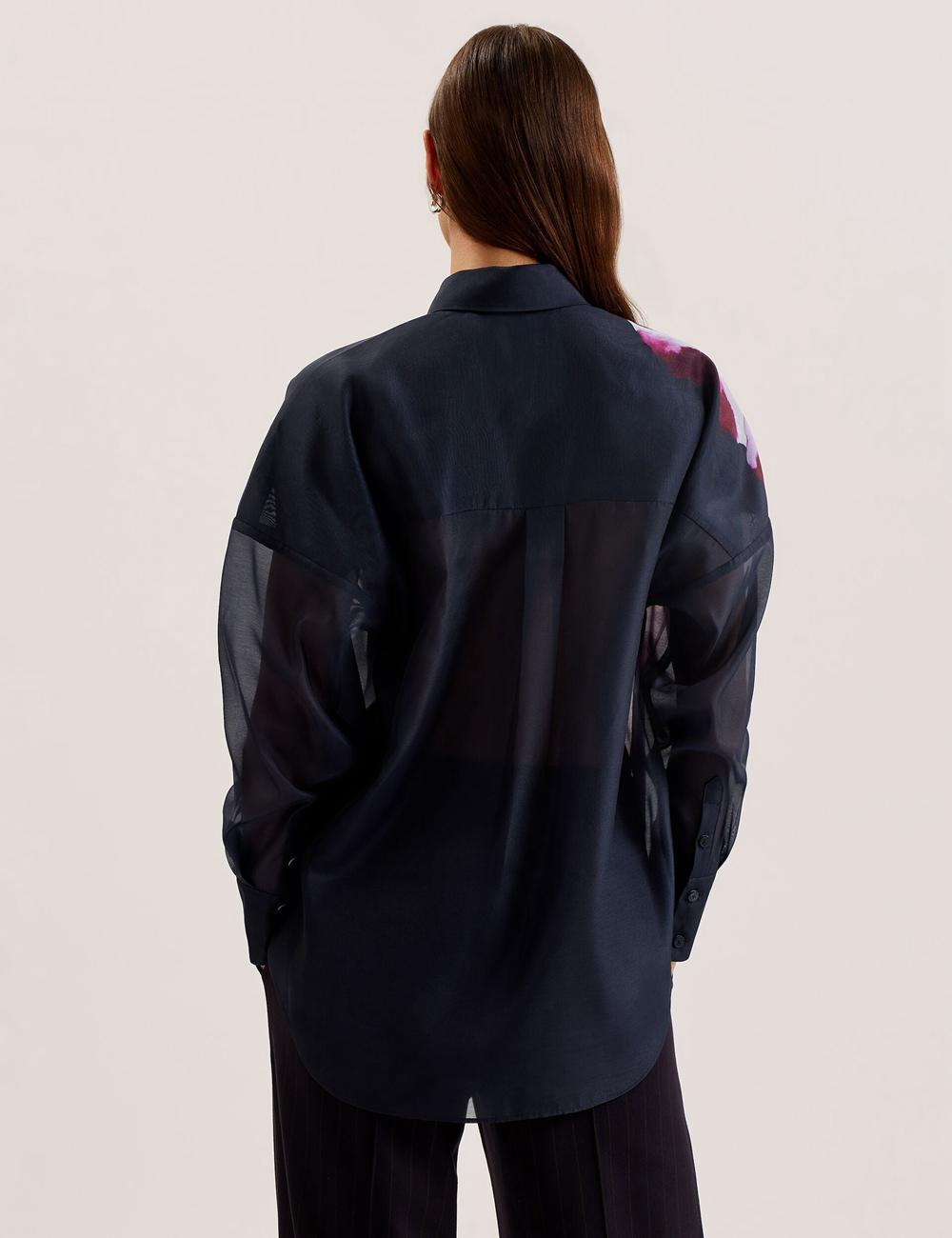 Women Ted Baker ORRIN - Floral Sheer Organza Oversized Casual Shirts Navy | XYEA41068
