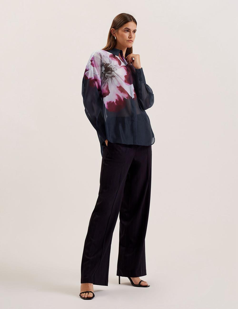 Women Ted Baker ORRIN - Floral Sheer Organza Oversized Casual Shirts Navy | XYEA41068