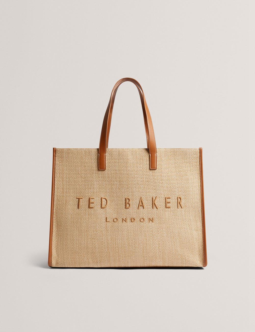 Women Ted Baker PALLMER - Faux Raffia PU Trim Large Tote Bags Taupe | BMXQ69475