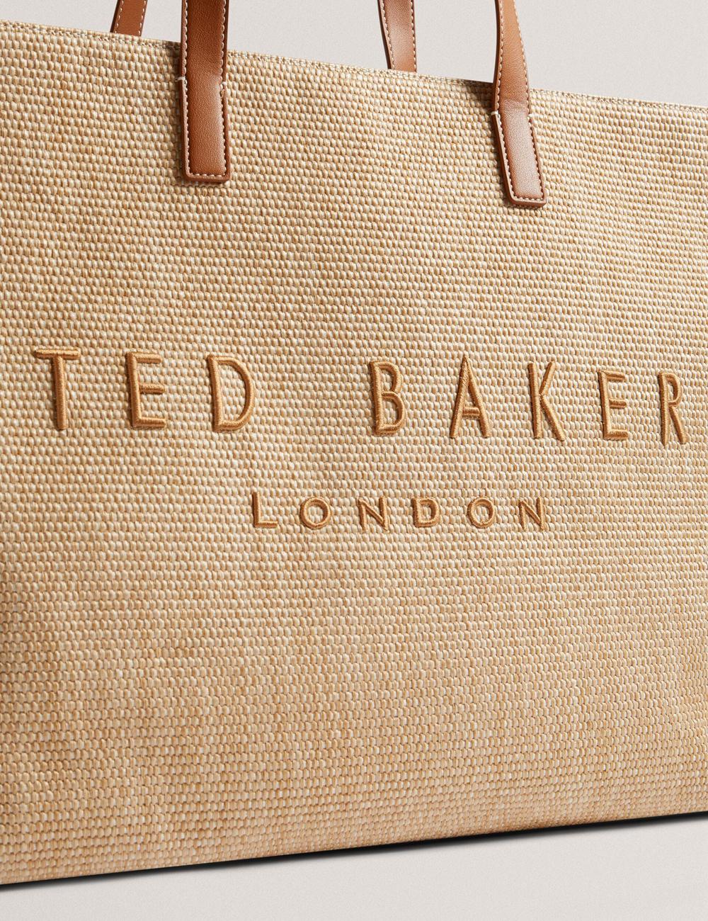Women Ted Baker PALLMER - Faux Raffia PU Trim Large Tote Bags Taupe | BMXQ69475