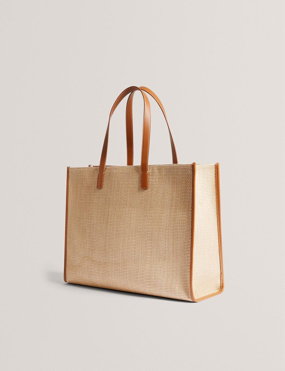 Women Ted Baker PALLMER - Faux Raffia PU Trim Large Tote Bags Taupe | BMXQ69475