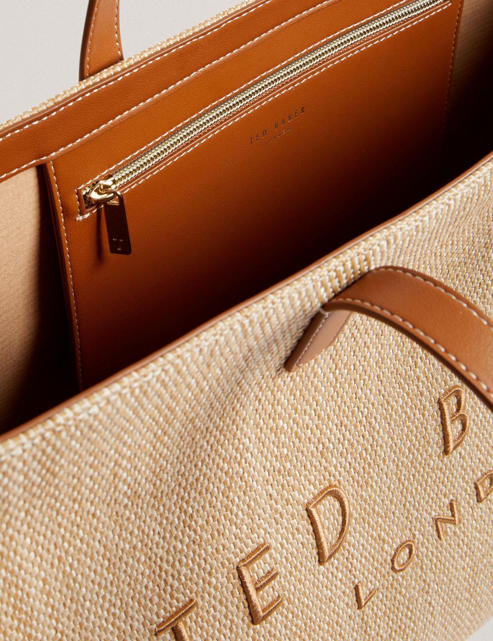 Women Ted Baker PALLMER - Faux Raffia PU Trim Large Tote Bags Taupe | BMXQ69475